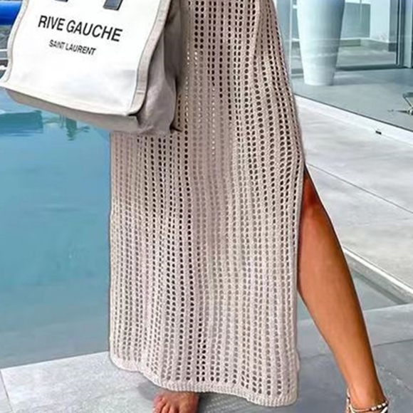 Beige Openwork Slit Cutout Wide Strap Dress - Picture 3 of 10